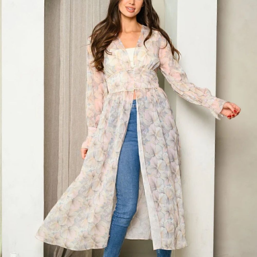 NEW! Beautiful Sheer Cream Floral Long Sleeve Button Front Kimono Duster Kaftan